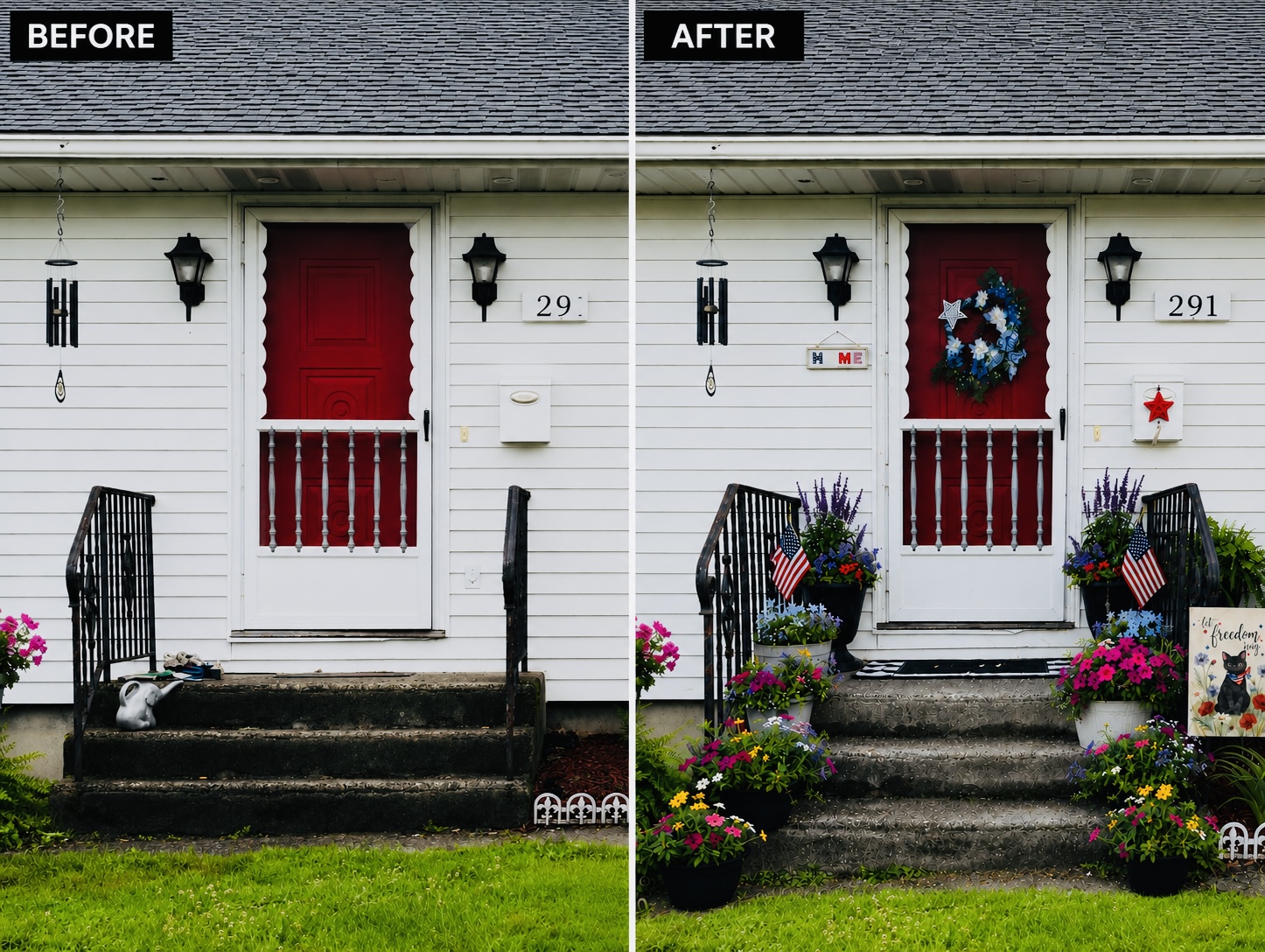 Before and after of a white cottage porch — patriotic wreath, American flags, and lush planters of petunias and lavender
