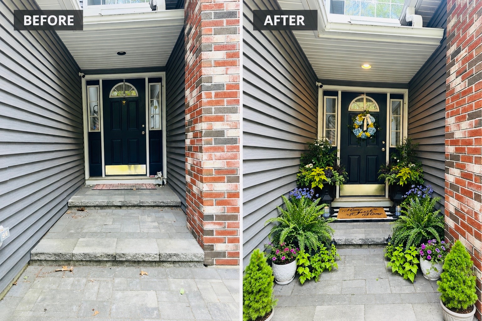 Before and after of a front porch styled by Sara — wreath, layered planters, ferns, and welcome mat