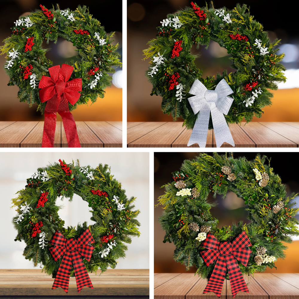 Collection of handmade Christmas wreaths with red, silver, and plaid bows, berries, and pinecones