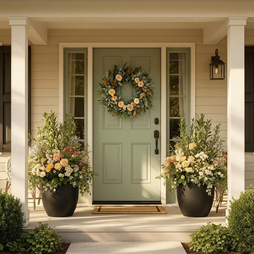 Beautifully decorated seasonal porch with mums and pumpkins